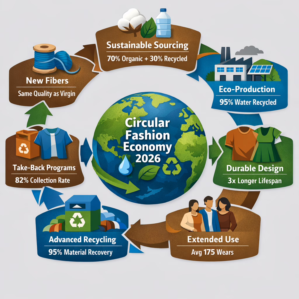 Textile circular economy process infographic showing recycling lifecycle