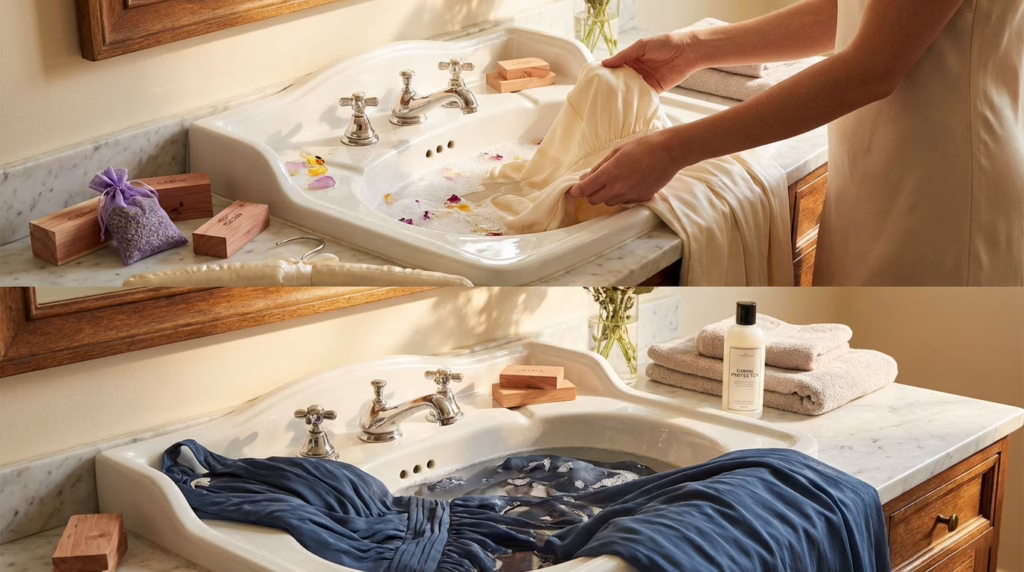 silk viscose evening gown care maintenance comparison Silk and viscose evening gown care comparison showing proper hand washing techniques and maintenance requirements